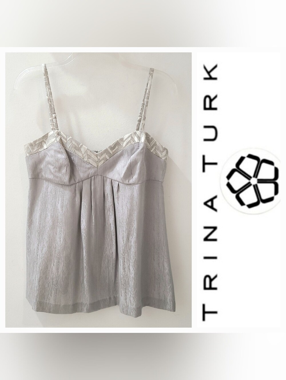 Trina Turk Elda Silk Tank Top Silver Brocade Sz 6 Babydoll Spaghetti Strap